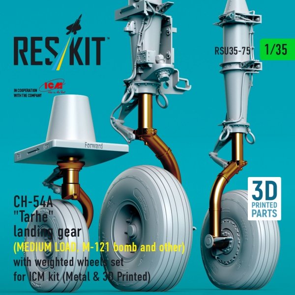 RESKIT RSU35-0075 CH-54A "Tarhe" landing gear (MEDIUM LOAD, M-121 bomb and other) with weighted wheels set for ICM kit (Metal &amp; 3D Printed) 1/35