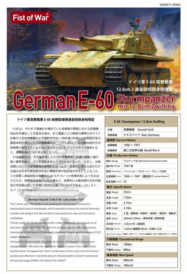 Modelcollect UA35011 Fist of war, WWII German E-60 heavy tank with twin 128mm assault guns 1/35