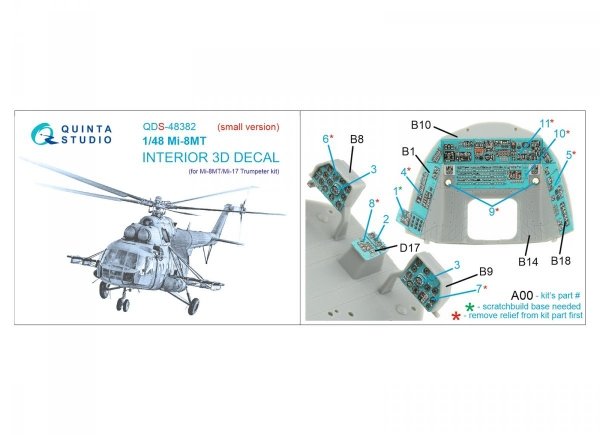 Quinta Studio QDS-48382 Mi-8MT 3D-Printed &amp; coloured Interior on decal paper (Trumpeter) (Small version) 1/48