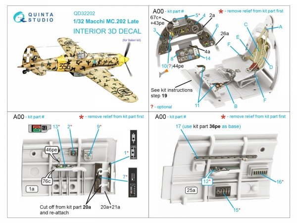 Quinta Studio QD32202 Macchi MC.202 Folgore Late 3D-Printed &amp; coloured Interior on decal paper (Italeri) 1/32