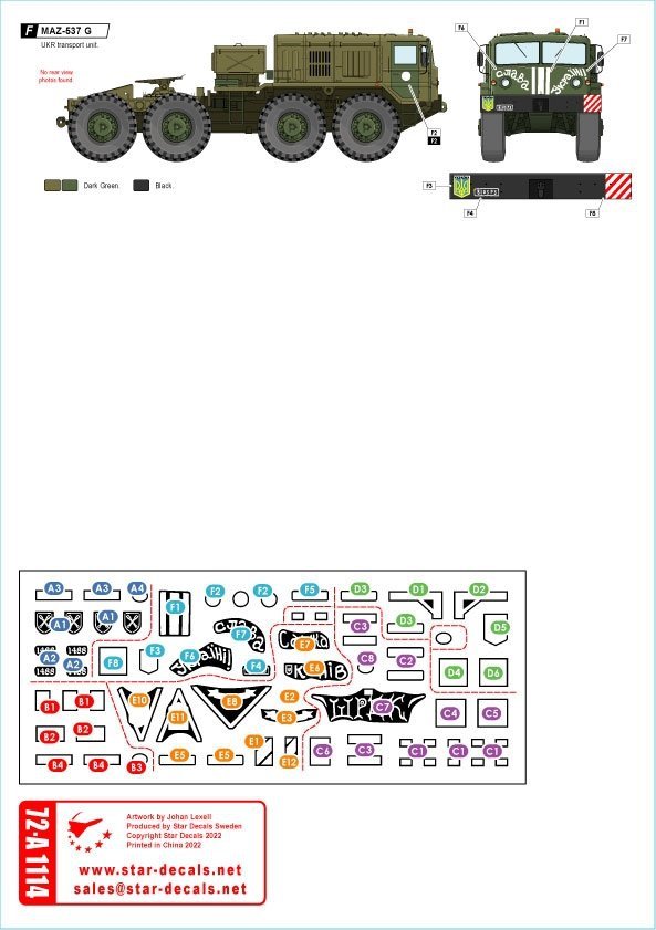 Star Decals 72-A1114 War in Ukraine #3 Ukrainian transport vehicles 2014-2022. MAZ-537 tank transporter and UAZ-452 Buhanka 1/72