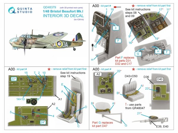 Quinta Studio QD+48379 Bristol Beaufort Mk.I 3D-Printed &amp; coloured Interior on decal paper (ICM) (with 3D-printed resin parts) 1/48
