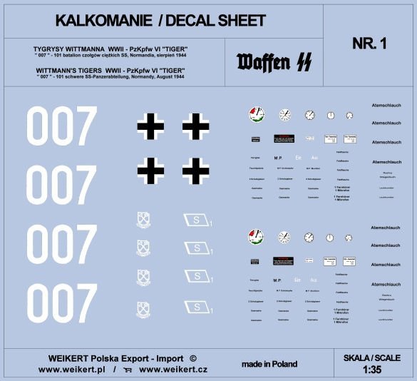 Weikert Decals DEC201 TIGER I - czołg 007 - 101 batalion czołgów ciężkich SS, Normandia, sierpień 1944 - vol.1 1/35