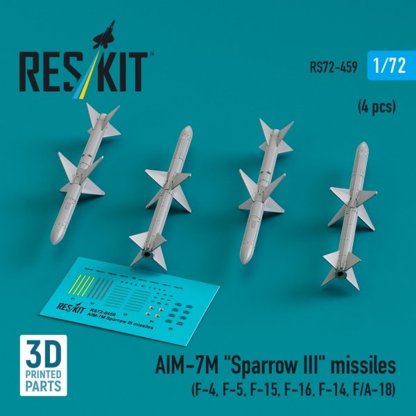 RESKIT RS72-0459 AIM-7M &quot;Sparrow III&quot; missiles (4 pcs) (3D Printed) 1/72