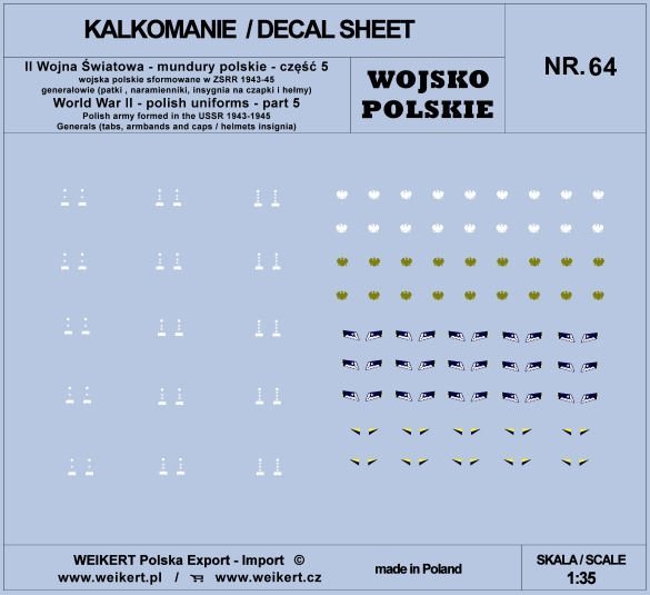 Weikert Decals DEC264 Mundury polskie - patki, naramienniki, insygnia na czapki i hełmy - cześć 5 - vol.64 1/35