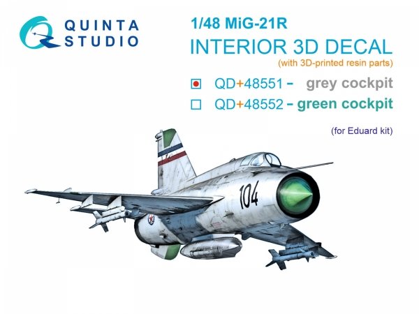 Quinta Studio QD+48551 MiG-21R (grey cockpit panels) 3D-Printed &amp; coloured Interior on decal paper (Eduard) (with 3D-printed resin parts) 1/48