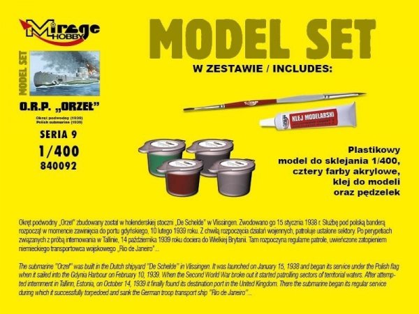 Mirage Hobby 840092 ORP 'ORZEŁ' Polski Okręt Podwodny 1939 1/400 Model set