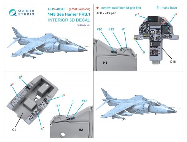 Quinta Studio QDS-48343 Sea Harrier FRS.1 3D-Printed &amp; coloured Interior on decal paper (Kinetic) (Small version) 1/48
