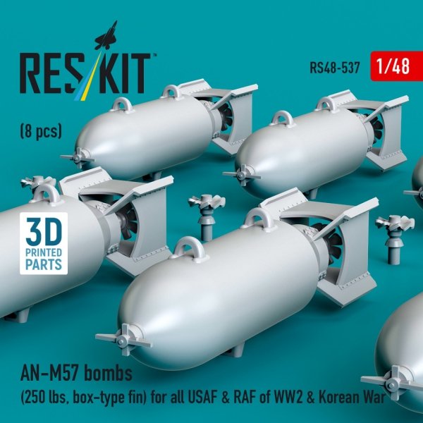 RESKIT RS48-0537 AN-M57 bombs (250 lbs, box-type fin) for all USAF &amp; RAF of WW2 &amp; Korean War (8 pcs) (3D Printed) 1/48