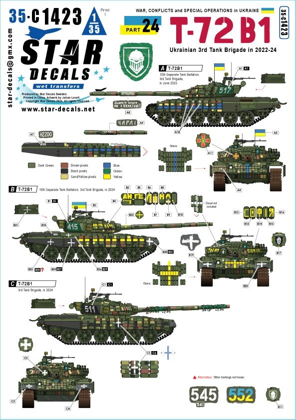 Star Decals 35-C1423 War in Ukraine 24 Ukrainian 3rd Tank Brigade in 2022-24. T-72B1 tanks 1/35