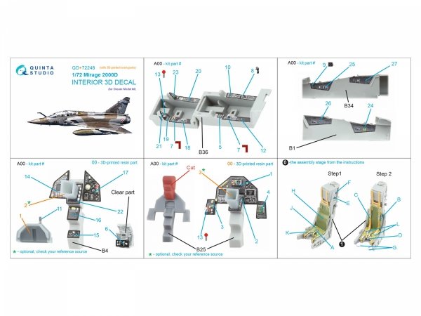 Quinta Studio QD+72248 Mirage 2000D 3D-Printed &amp; coloured Interior on decal paper (Dream Model) (with 3D-printed resin part) 1/72