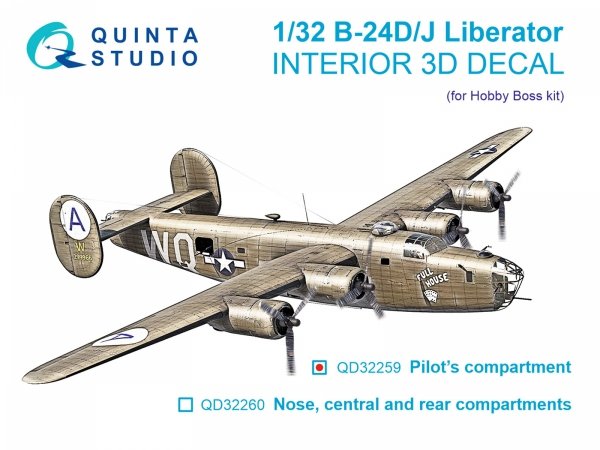 Quinta Studio QD32259 B-24D/B-24J Liberator, Pilot's compartment 3D-Printed &amp; coloured Interior on decal paper (Hobby Boss) 1/32
