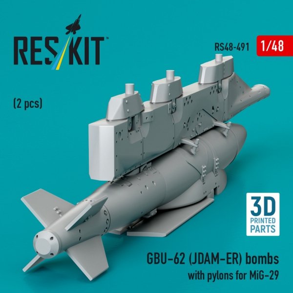 RESKIT RS48-0491 GBU-62 (JDAM-ER) bombs with pylons for MiG-29 &quot;Fulcrum&quot; (2 pcs) (3D Printed) 1/48