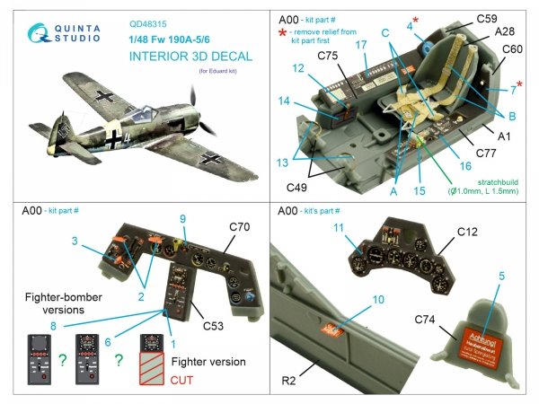 Quinta Studio QD48315 Fw 190A-5/6 3D-Printed &amp; coloured Interior on decal paper (Eduard) 1/48