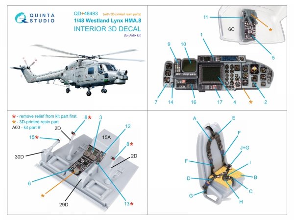 Quinta Studio QD+48483 Lynx HMA8 3D-Printed &amp; coloured Interior on decal paper ( Airfix )( with 3D-printed resin parts ) 1/48