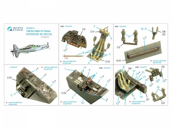 Quinta Studio QD48515 Do 335A-12 Trainer 3D-Printed &amp; coloured Interior on decal paper (Tamiya) 1/48