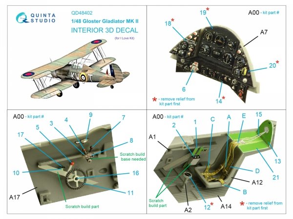 Quinta Studio QD48402 Gloster Gladiator MKII 3D-Printed &amp; coloured Interior on decal paper (I Love Kit) 1/48