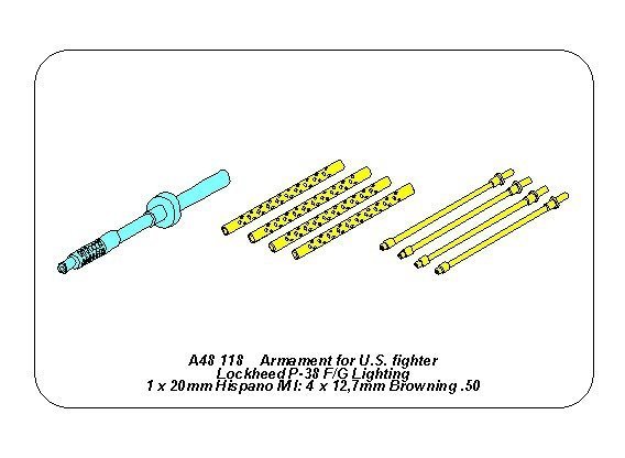 Aber A48118 Zestaw uzbrojenia do amerykańskiego myśliwca Lookheed P-38 F/G Lighting : 1x20mm &amp; 4x12,7 mm 1/48