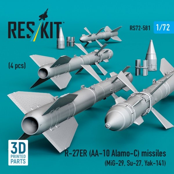 RESKIT RS72-0581 R-27ER (AA-10 Alamo-C) missiles (4 pcs) (MiG-29, Su-27, Yak-141) (3D Printed) (1/72)