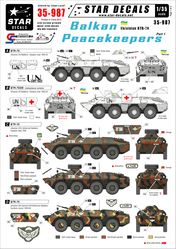 Star Decals 35-987 Balkan Peacekeepers #1 Ukrainian BTR-70 1/35
