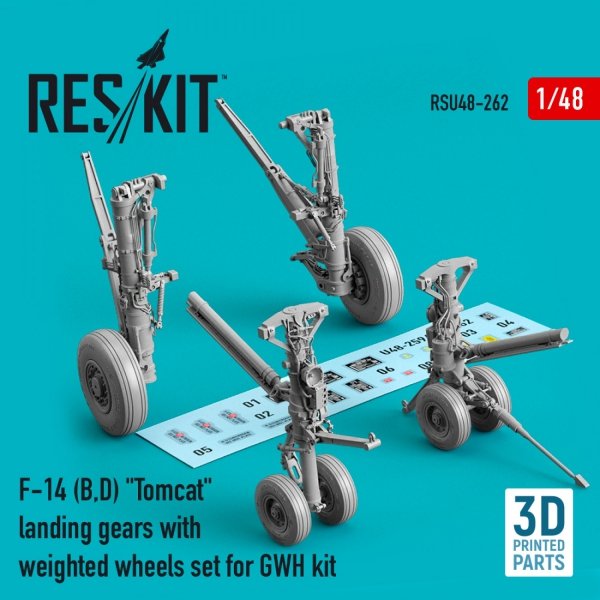 RESKIT RSU48-0262 F-14 (B,D) &quot;TOMCAT&quot; LANDING GEARS WITH WEIGHTED WHEELS SET FOR GWH KIT (RESIN &amp; 3D PRINTED) 1/48