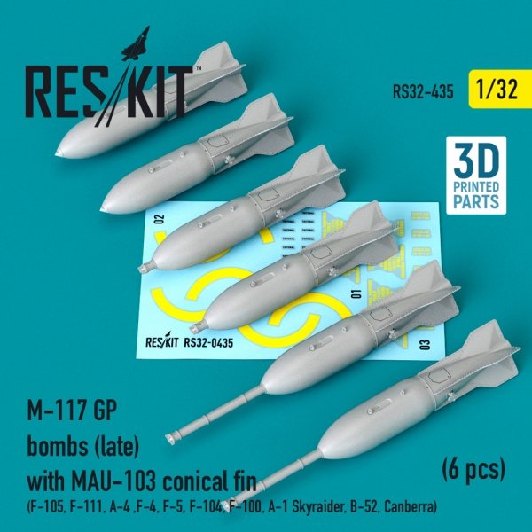 RESKIT RS32-0435 M-117 GP BOMBS (LATE) WITH MAU-103 CONICAL FIN (6 PCS) (3D PRINTED) 1/32
