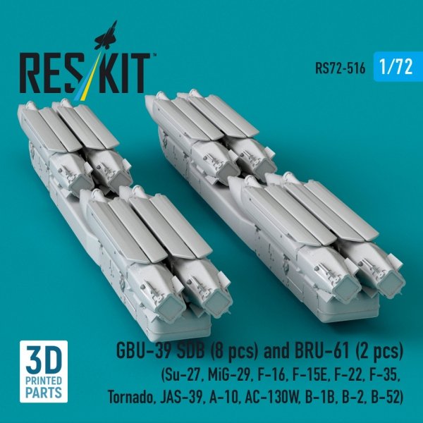 RESKIT RS72-0516 GBU-39 SDB (8 pcs) and BRU-61 (2 pcs) (Su-27, MiG-29, F-16, F-15E, F-22, F-35, Tornado, JAS-39, A-10, AC-130W, B-1B, B-2, B-52) (3D Printed) (1/72)