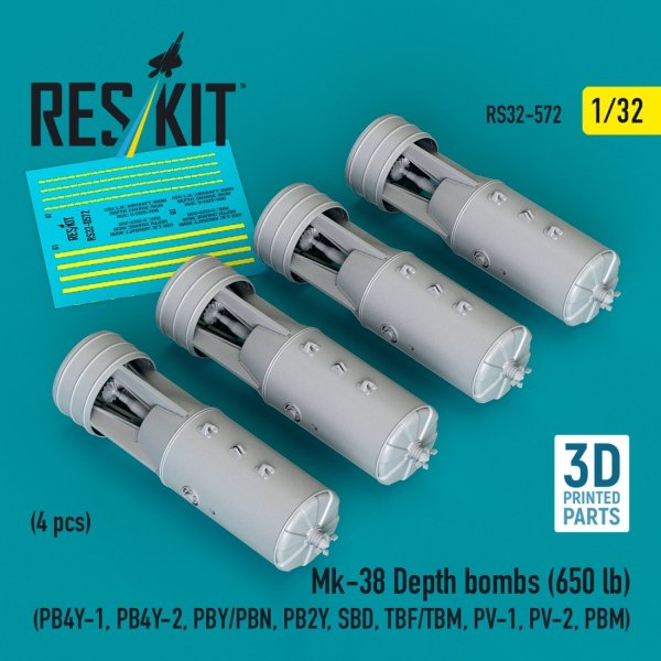 RESKIT RS32-0572 Mk-38 Depth bombs (650 lb) (4 pcs) (PB4Y-1, PB4Y-2, PBY/PBN, PB2Y, SBD, TBF/TBM, PV-1, PV-2, PBM) (3D Printed) (1/32)