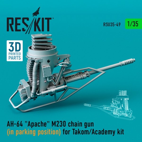 RESKIT RSU35-0049 AH-64 &quot;APACHE&quot; M230 CHAIN GUN (IN PARKING POSITION) FOR TAKOM/ACADEMY KIT (3D PRINTED) 1/35