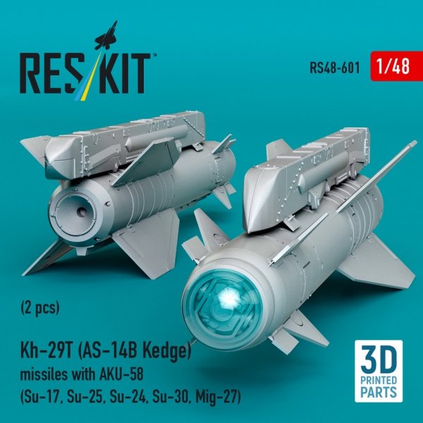 RESKIT RS48-0601 Kh-29T (AS-14B Kedge) missiles with AKU-58 (2 pcs) (Su-17, Su-25, Su-24, Su-30, Mig-27) (3D Printed) (1/48)