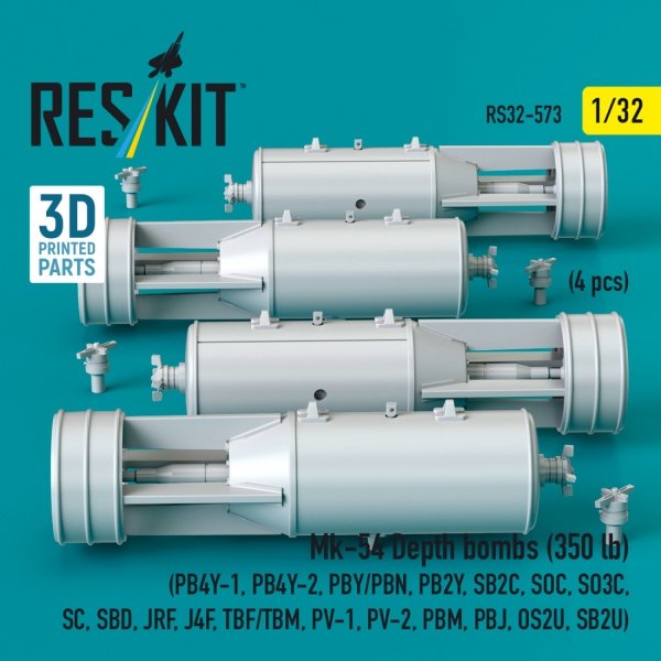 RESKIT RS32-0573 Mk-54 Depth bombs (350 lb) (4 pcs) (PB4Y-1, PB4Y-2, PBY/PBN, PB2Y, SB2C, SOC, SO3C, SC, SBD, JRF, J4F, TBF/TBM, PV-1, PV-2, PBM, PBJ, OS2U, SB2U) (3D Printed) (1/32)