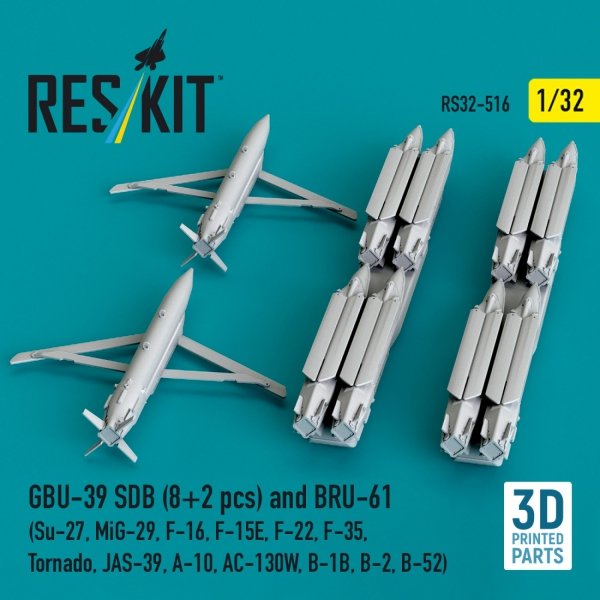 RESKIT RS32-0516 GBU-39 SDB (8 pcs) and BRU-61 (2 pcs) (Su-27, MiG-29, F-16, F-15E, F-22, F-35, Tornado, JAS-39, A-10, AC-130W, B-1B, B-2, B-52) (3D Printed) (1/32)