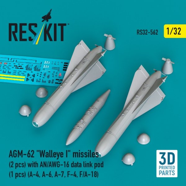 RESKIT RS32-0562 AGM-62 "Walleye I" missiles (2 pcs) with AN/AWG-16 data link pod (1 pcs) (A-4, A-6, A-7, F-4, F/A-18) (3D Printed) (1/32)