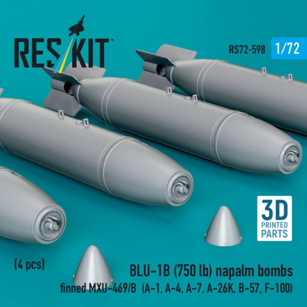 RESKIT RS72-0598 BLU-1B (750lb) napalm bombs finned MXU-469/B (4 pcs) (A-1, A-4, A-7, A-26K, B-57, F-100) (3D Printed) (1/72)