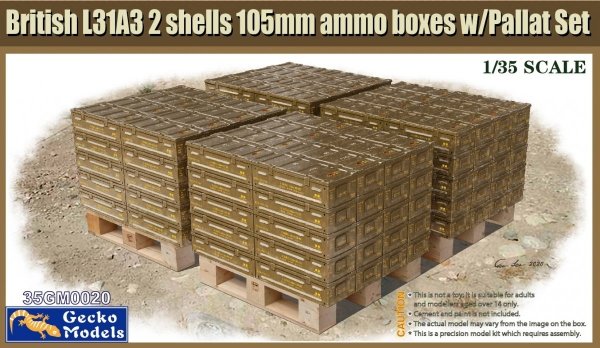 Gecko Models 35GM0020 British L31A3 2 shells 105mm ammo boxes w/Pallet Set NEW 1/35
