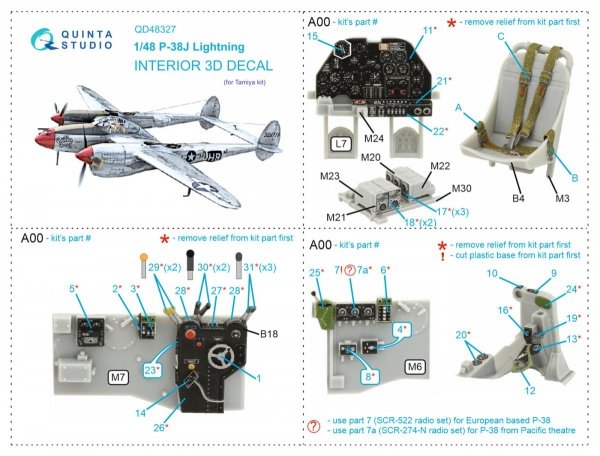 Quinta Studio QD48327 P-38J 3D-Printed &amp; coloured Interior on decal paper (Tamiya) 1/48