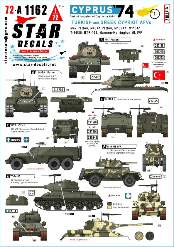 Star Decals 72-A1162 Cyprus 74 Turkish invasion of Cyprus in 1974 1/72