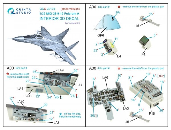 Quinta Studio QDS32175 MiG-29 9-12 Fulcrum A 3D-Printed &amp; coloured Interior on decal paper (Trumpeter) (Small version) 1/32