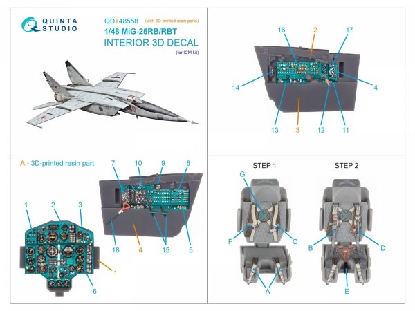 Quinta Studio QD+48558 MiG-25RB/MiG-25RBT 3D-Printed &amp; coloured Interior on decal paper (ICM) (with 3D-printed resin parts)  1/48
