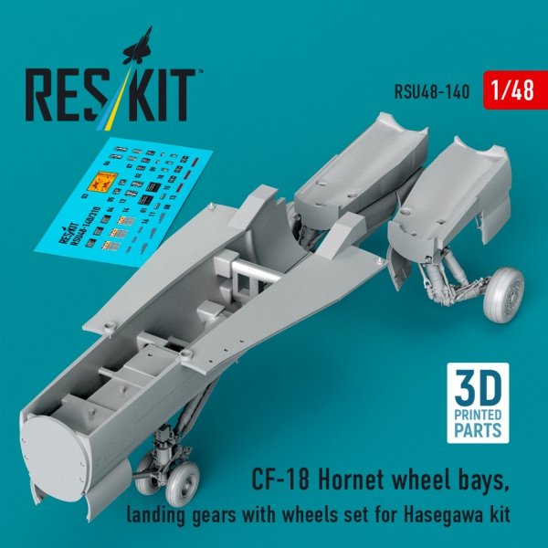 RESKIT RSU48-0140 CF-18 Hornet wheel bays, landing gears with wheels set for Hasegawa kit (3D Printed) (1/48)