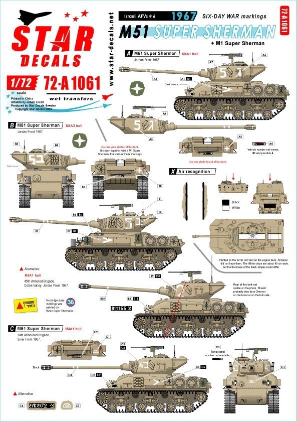 Star Decals 72-A1061 Israeli AFVs # 6 1960 and Six-Day War markings. M51 Super Sherman + M1 Super Sherman /72