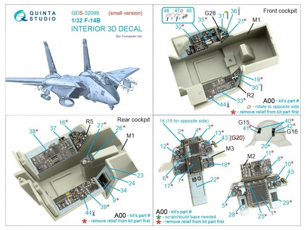 Quinta Studio QDS32099 F-14B 3D-Printed &amp; coloured Interior on decal paper (Trumpeter) (Small version) 1/32