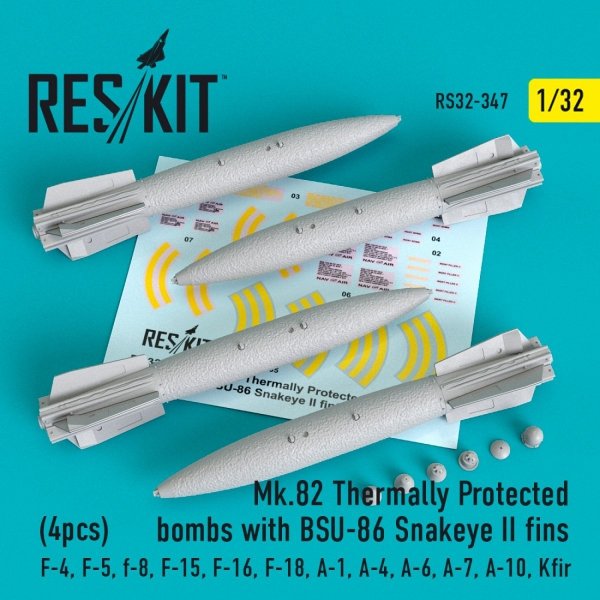 RESKIT RS32-0347 MK.82 THERMALLY PROTECTED BOMBS WITH BSU-86 SNAKEYE II FINS (4 PCS) 1/32