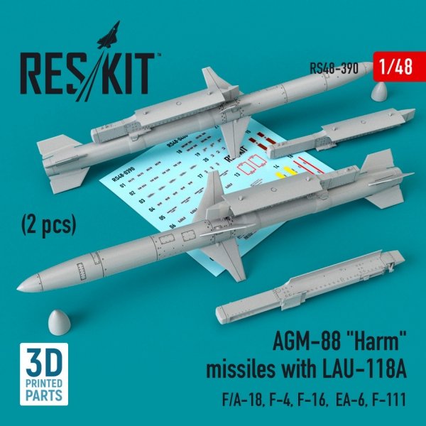 RESKIT RS48-0390 AGM-88 &quot;HARM&quot; MISSILES WITH LAU-118A (2 PCS) (F/A-18, F-4, F-16, EA-6, F-111) 1/48