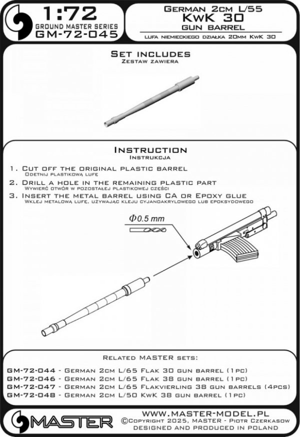 Master GM-72-045 Lufa niemieckiego działka 2cm Kw.K. 30 (1 szt.) 1/72