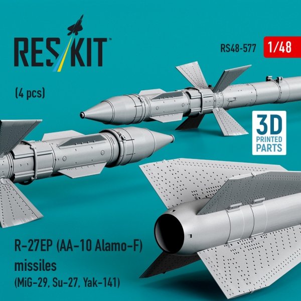 RESKIT RS48-0577 R-27EP (AA-10 Alamo-F) missiles (4 pcs) (MiG-29, Su-27, Yak-141) (3D Printed) (1/48)