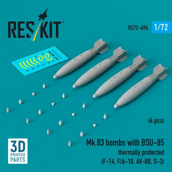RESKIT RS72-0496 Mk.83 bombs with BSU-85 thermally protected (4 pcs) (F-14, F/A-18, AV-8B, S-3) (3D printed) (1/72)