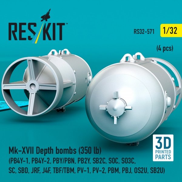 RESKIT RS32-0571 Mk-XVII Depth bombs (350 lb) (4 pcs) (PB4Y-1, PB4Y-2, PBY/PBN, PB2Y, SB2C, SOC, SO3C, SC, SBD, JRF, J4F, TBF/TBM, PV-1, PV-2, PBM, PBJ, OS2U, SB2U) (3D Printed) (1/32)