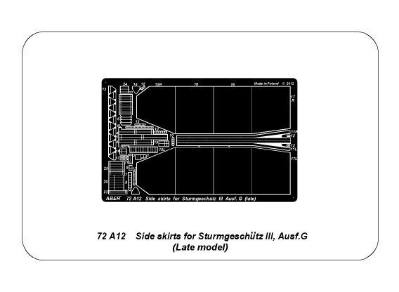 Aber 72A12 Osłony boczne do Sturmgeschutz III (późne) / Side skirts for Sturmgeschutz III (Late model) 1/72