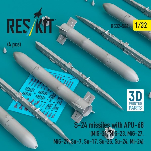 RESKIT RS32-0566 S-24 missiles with APU-68 (4 pcs) (MiG-21, MiG-23, MiG-27, MiG-29, Su-7, Su-17, Su-25, Su-24, Mi-24) (3D Printed) (1/32)
